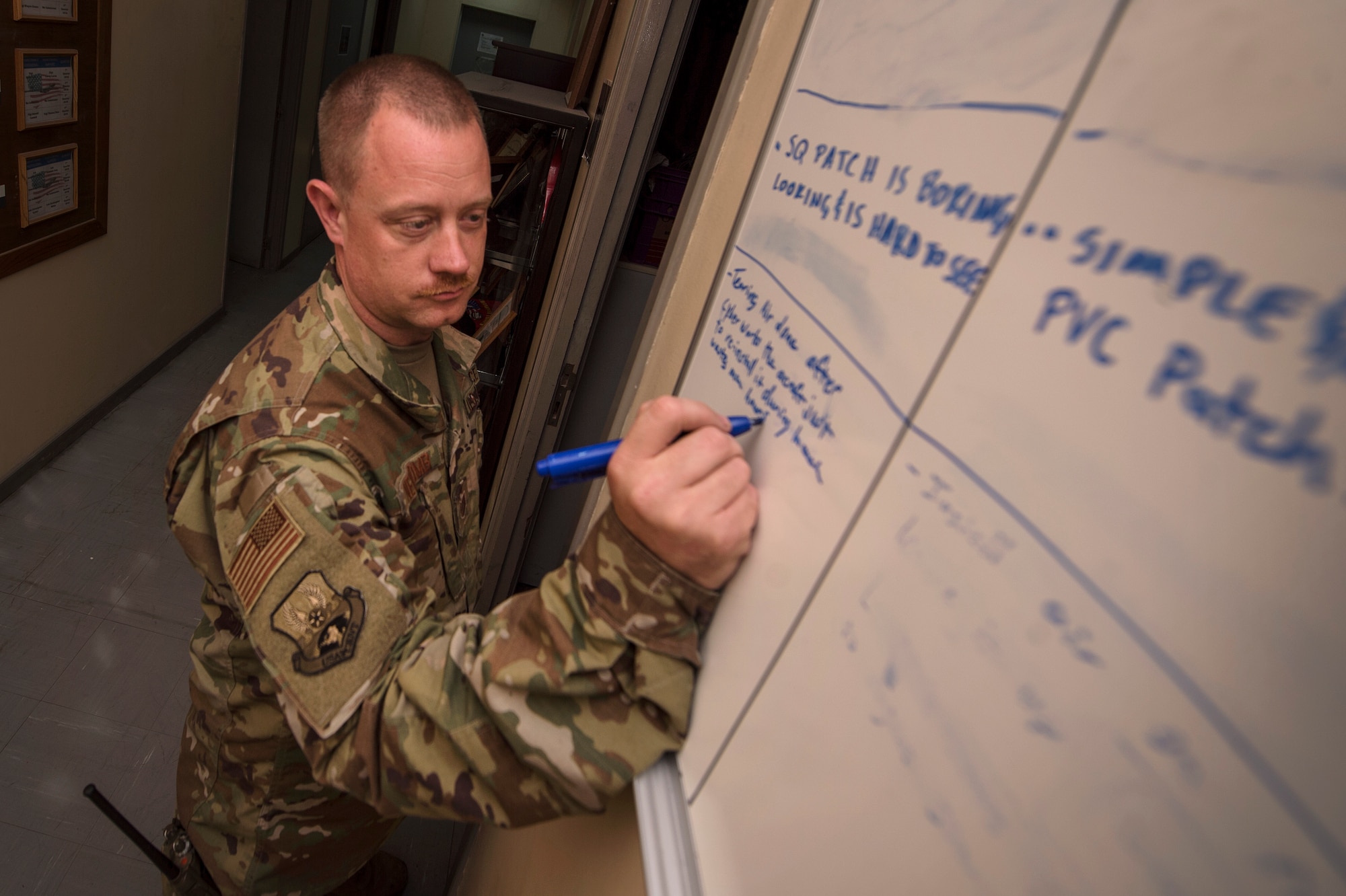 Tech. Sgt. Bradley Newcomb, 379th Expeditionary Aircraft Maintenance Squadron (EAMXS) crew chief, writes an idea on his maintenance unit’s white board Jan. 10, 2019, at Al Udeid Air Base, Qatar. Newcomb earned his squadron’s innovation award in December 2018 for coming up with a better standard procedure to set up and tear down RC-135 Rivet Joint air carts. The 379th EAMXS commander, Lt. Col. David Thompson, implemented the award program to recognize Airmen in his squadron who improve programs and processes within his unit. (U.S. Air Force photo by Tech. Sgt. Christopher Hubenthal)