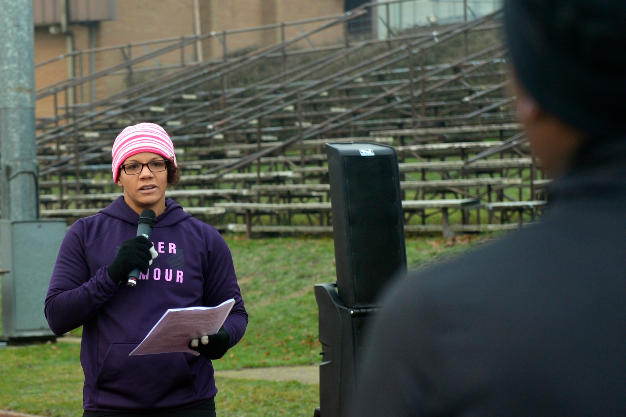 Cynthia Neldner, 48th Medical Group Health Promotion program coordinator, shares the story of her parents’ involvement in the civil rights movement with Liberty Wing members prior to a 5K run at Royal Air Force Lakenheath, England, Jan. 21, 2019. On Aug. 28, 1963, about 250,000 people, including Neldner’s parents, gathered in Washington, D.C., to rally for civil and economic rights, as Dr. Martin Luther King, Jr. delivered his famous “I Have a Dream” speech. (U.S. Air Force photo by Master Sgt. Eric Burks)