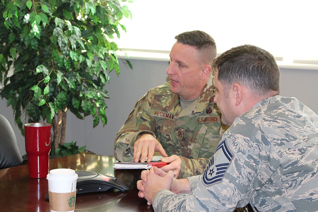 Chief Master Sgt. Robert Heckman, AEDC Superintendent, speaks to a group of senior non-commissioned officers in his office at Arnold Air Force Base during a meeting Jan. 10. (U.S. Air Force photo by Deidre Ortiz)