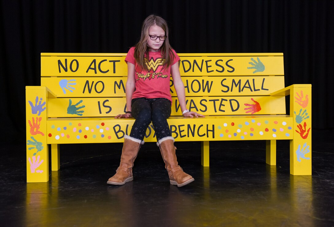 Children from the RAF Alconbury Elementary School at RAF Alconbury, United Kingdom, perform a play highlighting the new Buddy Bench that has been placed at their school on Jan.15, 2019. 423rd Air Base Group leadership, School Liaison Officer and Violence Prevention Specialist came up with the Buddy Bench concept to promote kindness and healthy relationships within the school system. (U.S. Air Force photo by Airman 1st Class Jennifer Zima)
