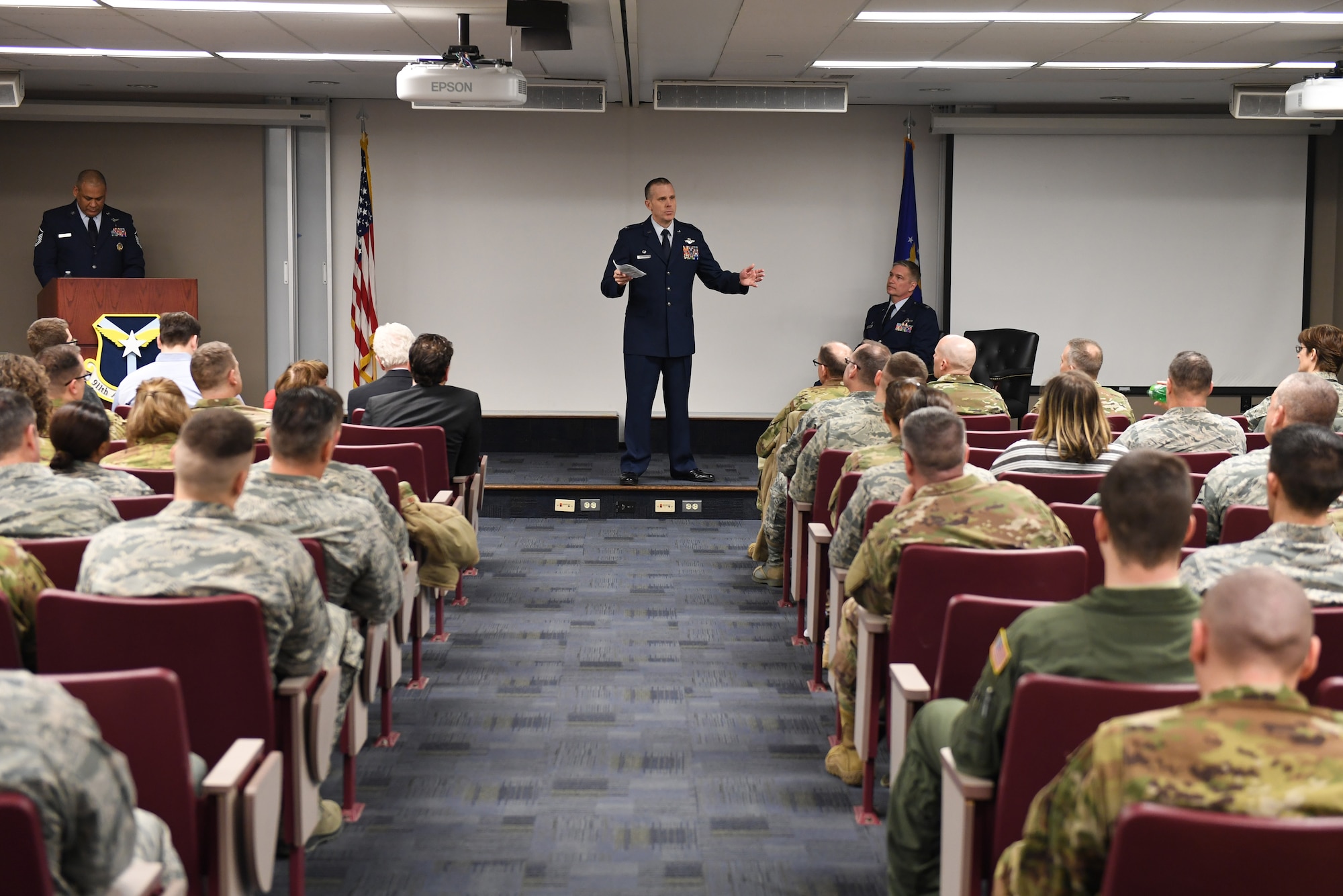 Col. Gregory D. Buchanan, 911th Operations Group commander, addresses Airmen of the 911th OG during an assumption of command ceremony at the Pittsburgh International Airport Air Reserve Station, Pennsylvania, Jan. 6, 2019. Buchanan assumed command in front of friends, family, and Airmen with whom he has served alongside for years. (U.S. Air Force photo by Tech. Sgt. Marjorie A. Schurr)