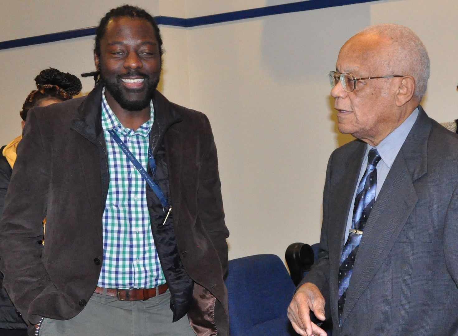 IMAGE: DAHLGREN, Va. (Jan. 15, 2019) – Martin Luther King Jr. Observance keynote speaker Frank White speaks with an observance attendee after his speech.