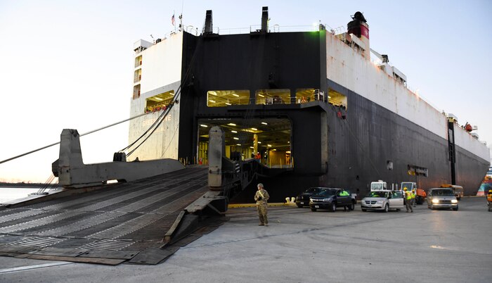 U.S. Army personnel assigned to the 841st Transportation Battalion prepare to on-load vehicles and equipment for deployment Jan. 11, 2019, at Wharf Alpha on Joint Base Charleston, S.C. in continuing support of Atlantic Resolve.