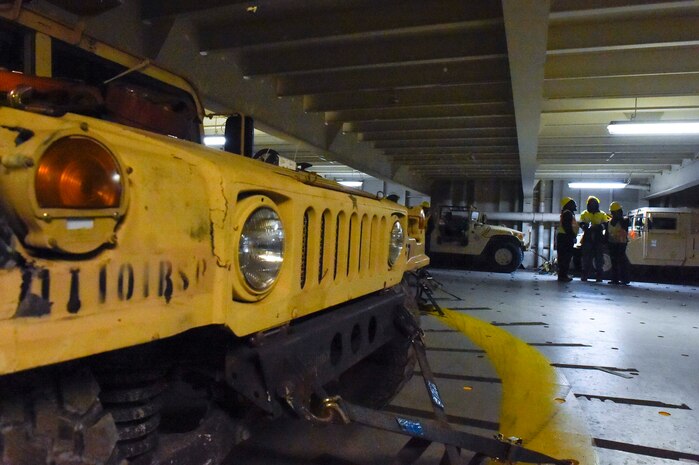Vehicles assigned to the 82nd Airborne Division are loaded onto the MV Green Cove in preparation for transport Jan. 11, 2019, at Wharf Alpha on Joint Base Charleston, S.C., in continuing support of Atlantic Resolve.