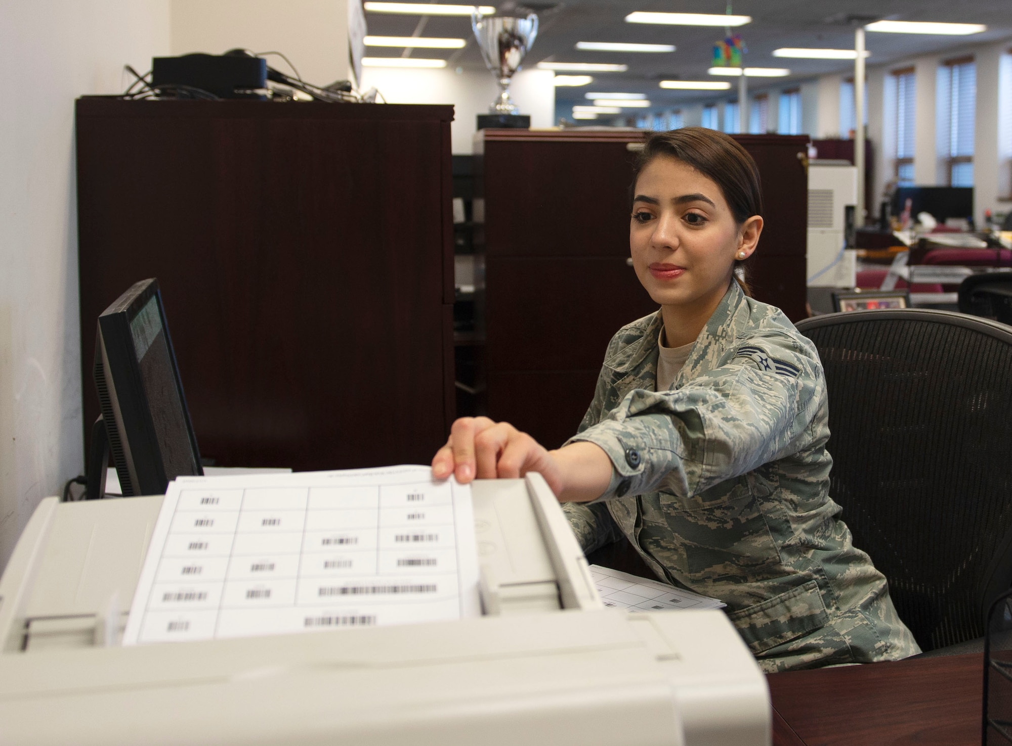 U.S. Air Force Senior Airman Ivonne Munoz, 55th Comptroller Squadron finance technician, demonstrates using EPHESOFT software Jan. 17, 2019, at Offutt Air Force Base, Nebraska. Using the software, travel vouchers are now transmitted within minutes to Air Force Financial Services Center at Ellsworth Air Force Base, South Dakota, instead of hours. (U.S. Air Force photo by L. Cunningham)