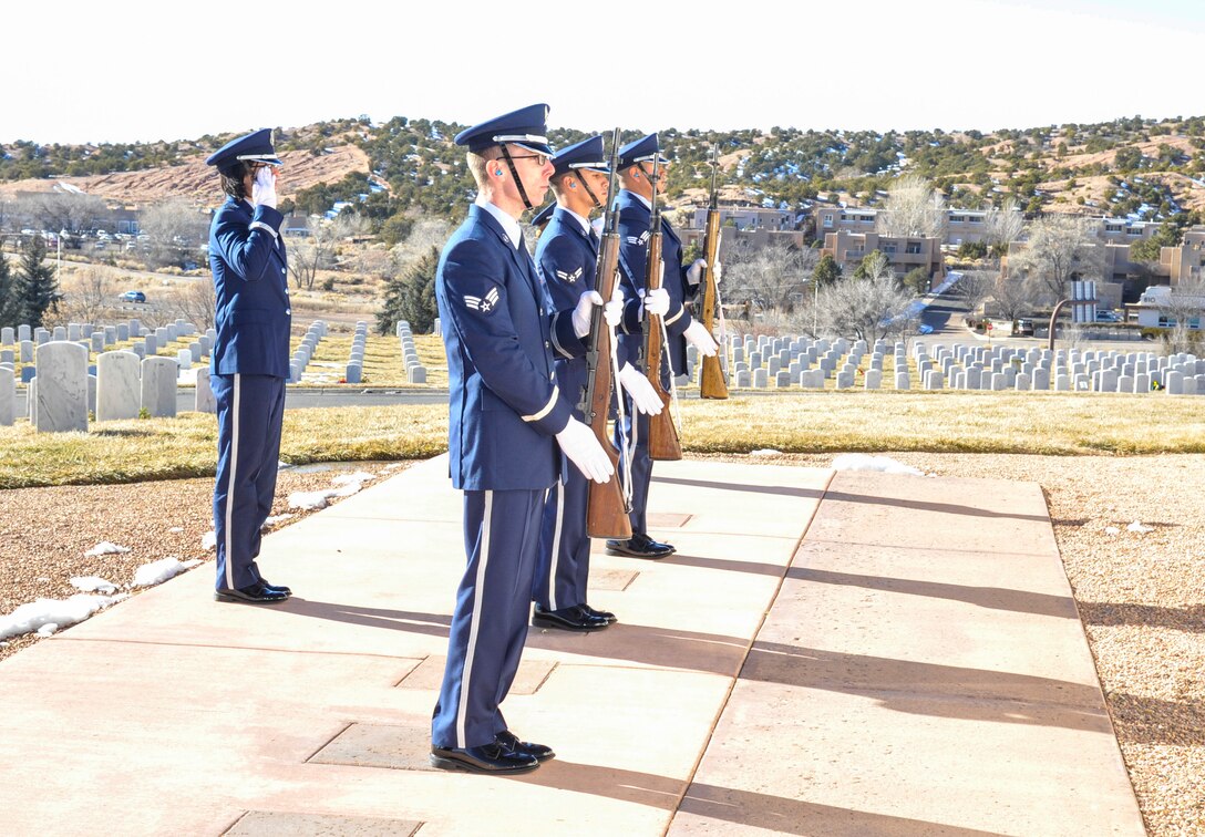 The Kirtland Honor Guard conducted military funeral honors as retired Maj. Gen. Francis W. Nye was laid to rest Jan. 21, 2019, at the Veterans National Cemetery in Santa Fe, N.M.. Nye, who retired from active duty after a distinguished Air Force career in 1972, died Jan. 13 in Albuquerque at the age of 100. As commander of Sandia Base in 1971, he oversaw the consolidation of three installations into what is today Kirtland Air Force Base. He served with distinction in World War II, the Korean and Vietnam Wars and on the Air Staff at the Pentagon. In addition to the military honors, 377th Air Base Wing Vice Commander Col. Christopher King presented Nye's daughter, Janet Olsen, with an American Flag on hehalf of a grateful nation. (U.S. Air Force photo by Jim Fisher)