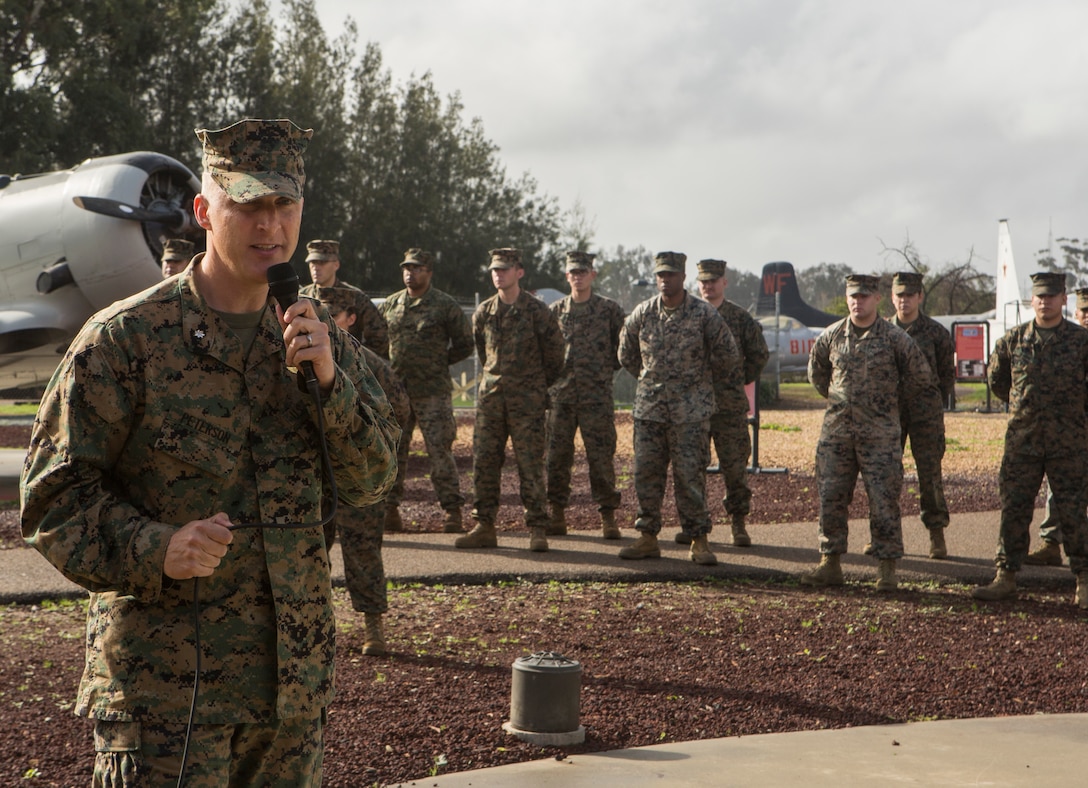 Lt. Col. Robert Peterson, current commanding officer of Marine Aircraft Group (MAG) 41 Detachment Bravo, speaks to the fellow Marines and audience during a relief and appointment ceremony for Sgt. Maj. Pascal Dacilas, former sergeant major of MAG-41 Detachment Bravo to Sgt. Maj. Allen Allred, the oncoming sergeant major at Marine Corps Air Station Miramar, Calif., Jan. 18. The ceremony officially recognized Dacilas for his years of honorable service to the Marine Corps and his time as the sergeant major of MAG-41 Detachment Bravo from February 2017 through January 2019. (U.S.

Marine Corps photo by Cpl. Becky Cleveland)