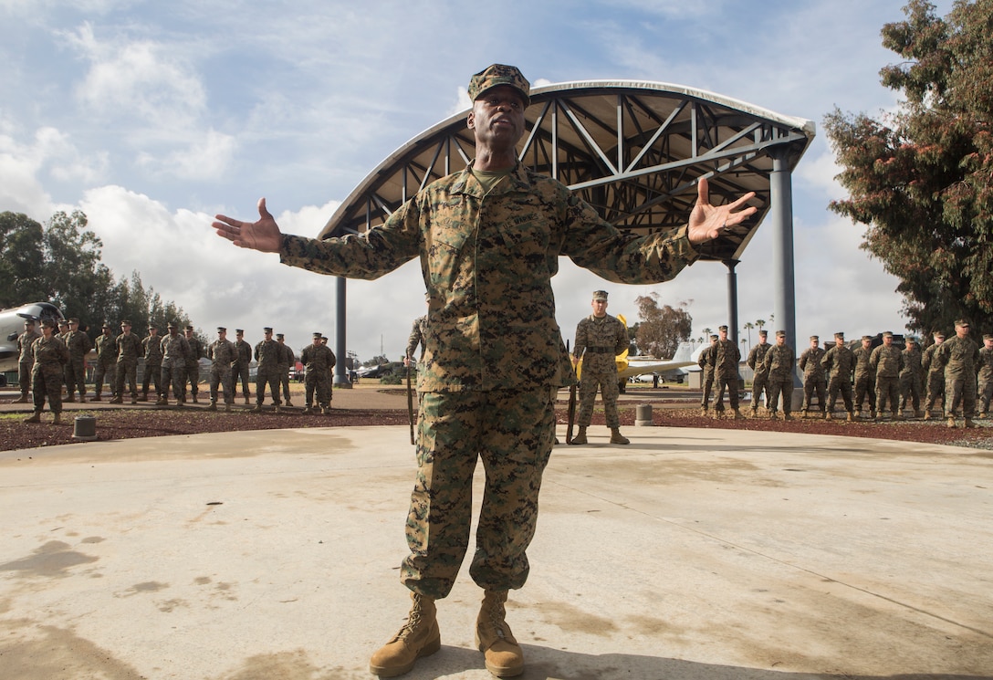 Sgt. Maj. Pascal Dacilas, former sergeant major of Marine Aircraft Group

(MAG) 41 Detachment Bravo, speaks to the fellow Marines and audience during

a relief and appointment ceremony on Marine Corps Air Station Miramar,

Calif., Jan. 18. The ceremony officially recognized Dacilas for his years of

honorable service to the Marine Corps and his time as the sergeant major of

MAG-41 Detachment Bravo from February 2017 through January 2019. (U.S.

Marine Corps photo by Cpl. Becky Cleveland)