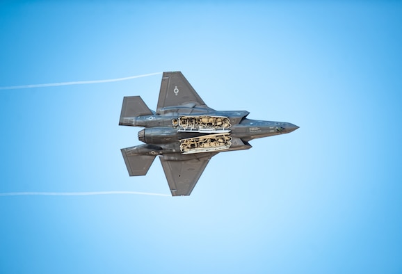 Capt. Andrew “Dojo” Olson, F-35 Demonstration Team pilot and commander performs a weapons bay doors pass during an F-35 Demo practice at Luke Air Force Base, Ariz., Jan. 16, 2019. Throughout the off-season, the F-35 Demo Team has been practicing and refining their new demonstration which will highlight the F-35A Lightning II’s full maneuvering capabilities. (U.S. Air Force photo by Senior Airman Alexander Cook)