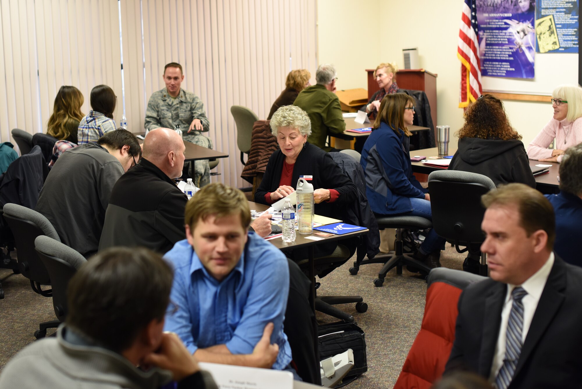 Employees from Kirtland Air Force Base and Albuquerque Public Schools counselors discuss career opportunities during a “Show and Tell” event at Kirtland AFB, N.M., Jan. 18, 2019. Kirtland has many career options, as it employs over 22,000 people. (U.S. Air Force photo by Senior Airman Eli Chevalier)