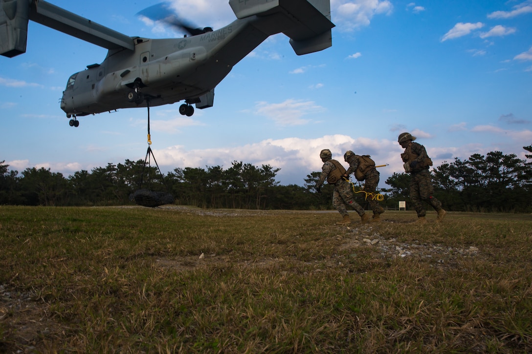 Landing support specialists retreat from an MV-22B Osprey during helicopter support team training at Camp Hansen, Okinawa, Japan, Jan. 14, 2019. Landing Support Company, 3rd Transportation Support Battalion, Combat Logistics Regiment 3, 3rd Marine Logistics Group supported Marine Medium Tiltrotor Squadron 265, Marine Aircraft Group 36, 1st Marine Aircraft Wing during external lift training, which provides valuable flight training hours for pilots as well as field training for LS Co. Marines. (U.S. Marine Corps Photo by Cpl. André T. Peterson Jr.)