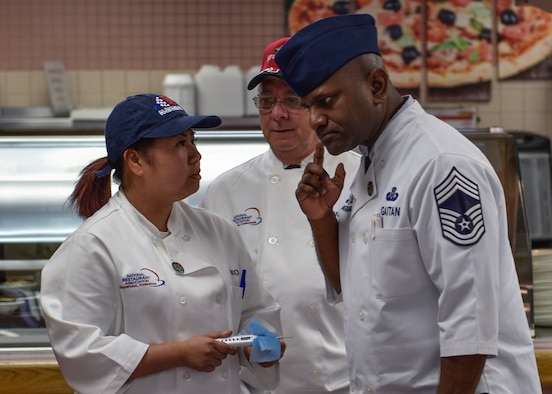 Hennessy Travelers discuss the evaluation of the Thunderbird Inn at Kirtland Air Force Base, N.M., Jan. 22, 2019. The four-member Hennessy Traveler team is made up of two experienced enlisted members from the Air Force Services Activity and two civilians from the National Restaurant Association. (U.S. Air Force photo by Airman 1st Class Austin J. Prisbrey)