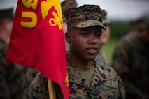 Seaman Nicholas Orrwilkinson, the guide for Medical Logistics Company, Supply Battalion, Combat Logistics Regiment 35, waits to perform during a drill competition Jan. 16, 2019 at Roberts Field, Camp Kinser, Okinawa, Japan. Close order drill is conducted by the Navy and Marine Corps to teach simple formations, discipline and small unit leadership. This is the first drill competition Supply Bn. has hosted and it will now be held quarterly. Orrwilkinson, a hospital corpsman with Med. Log. Co., is a native of Atlanta, Georgia. (U.S. Marine Corps photo by Lance Cpl. Jamin M. Powell)