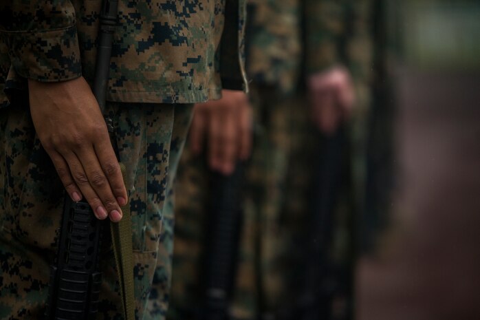 Sailors stand at attention during a drill competition Jan. 16, 2019 at Roberts Field, Camp Kinser, Okinawa, Japan. Close order drill is conducted by the Navy and Marine Corps to teach simple formations, discipline and small unit leadership. This is the first drill competition Supply Battalion, Combat Logistics Regiment 35 has hosted and it will now be held quarterly. (U.S. Marine Corps photo by Lance Cpl. Jamin M. Powell)