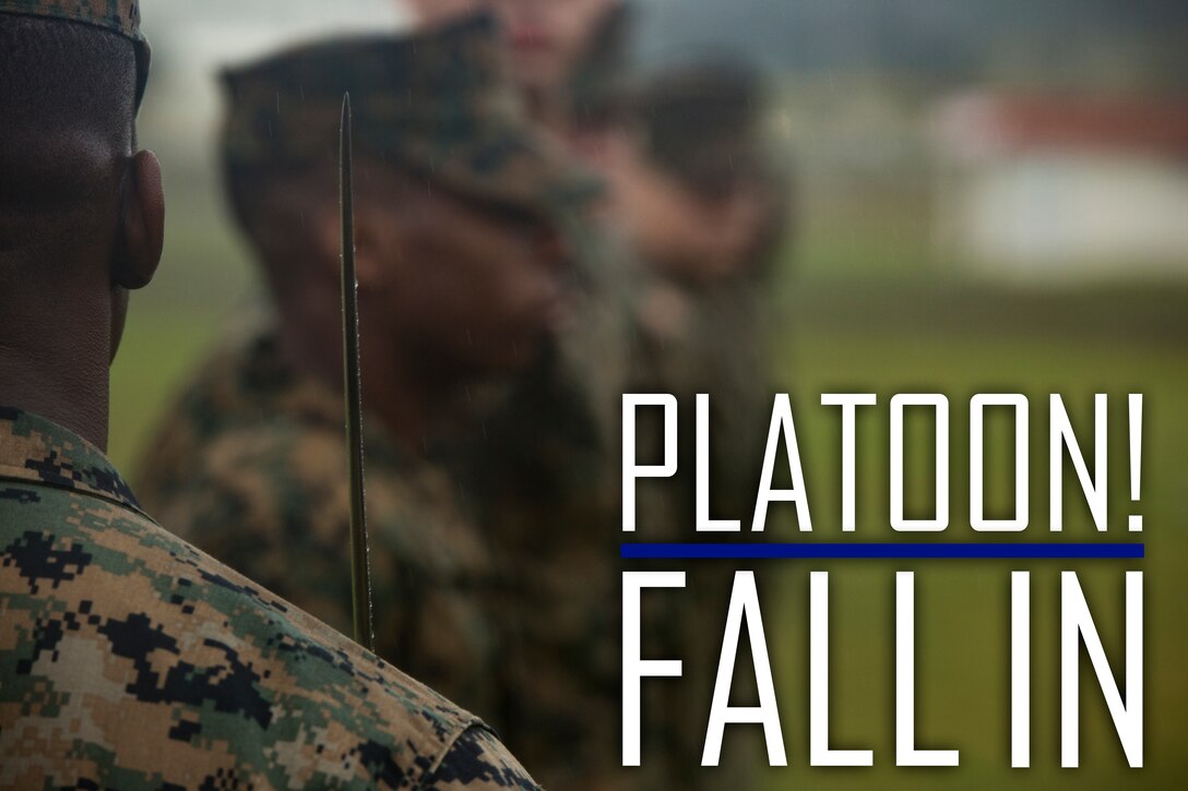 Sgt. Kirk Broxton looks over his Marines during a drill competition Jan. 16, 2019 at Roberts Field, Camp Kinser, Okinawa, Japan. Close order drill is conducted by the Navy and Marine Corps to teach simple formations, discipline and small unit leadership. This is the first drill competition Supply Battalion, Combat Logistics Regiment 35 has hosted and it will be held quarterly. Broxton, an inventory specialist with Supply Company, Supply Bn., is a native of Atlanta, Georgia. (U.S. Marine Corps photo by Lance Cpl. Jamin M. Powell)