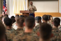 Col. Stacey L. Taylor, the assistant chief of staff for G-1 Manpower and Personnel Office, III Marine Expeditionary Force, spoke to Marines, Sailors and civilians about the life of Dr. Martin Luther King Jr. during a commemorative service at Camp Kinser, Okinawa, Japan, Jan. 18, 2019. Taylor spoke about King’s resilience through adversity, his legacy during the civil rights movement and the dreams he had for the future during his speech. Taylor is a native of Sandersville, Georgia. (U.S. Marine Corps photo by Cpl. Isabella Ortega)
