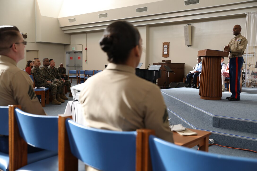 Col. Stacey L. Taylor, the assistant chief of staff for G-1 Manpower and Personnel Office, III Marine Expeditionary Force, spoke to Marines, Sailors and civilians about the life of Dr. Martin Luther King Jr. during a commemorative service at Camp Kinser, Okinawa, Japan, Jan. 18, 2019. Taylor spoke about King’s resilience through adversity, his legacy during the civil rights movement and the dreams he had for the future during his speech. Taylor is a native of Sandersville, Georgia. (U.S. Marine Corps photo by Cpl. Isabella Ortega)