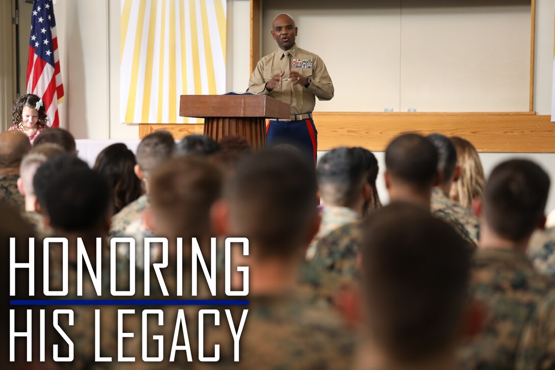 Col. Stacey L. Taylor, the assistant chief of staff for G-1 Manpower and Personnel Office, III Marine Expeditionary Force, spoke to Marines, Sailors and civilians about the life of Dr. Martin Luther King Jr. during a commemorative service at Camp Kinser, Okinawa, Japan, Jan. 18, 2019. Taylor spoke about King’s resilience through adversity, his legacy during the civil rights movement and the dreams he had for the future during his speech. Taylor is a native of Sandersville, Georgia. (U.S. Marine Corps photo by Cpl. Isabella Ortega)