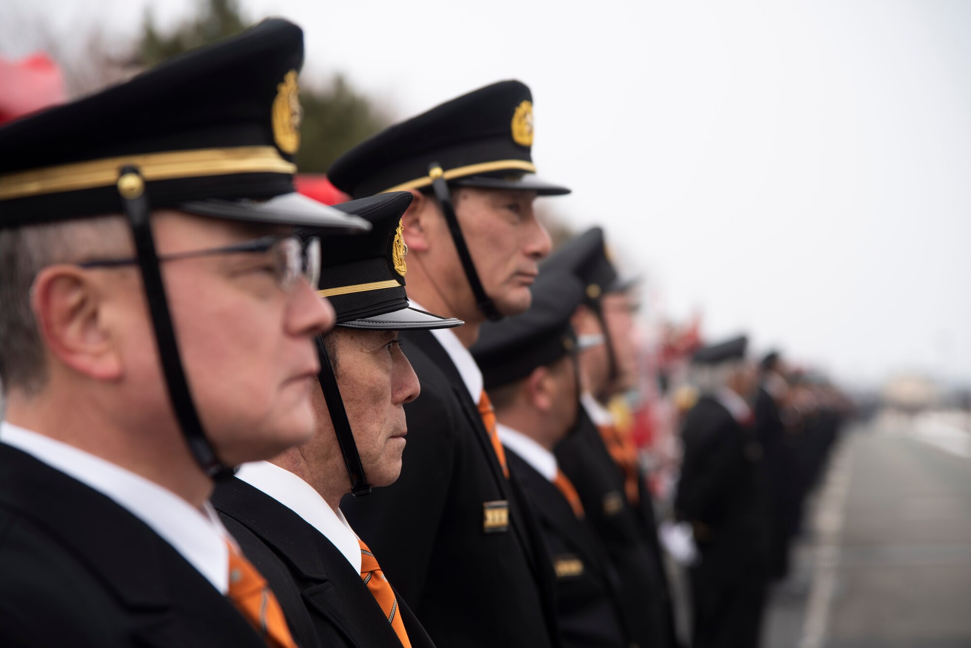 Misawa City volunteer firefighters line up during the annual Misawa City Fire Department New Year ceremony at Misawa City, Japan, Jan. 20, 2019. Misawa City’s fire department units include more than 300 trained professionals and various volunteers who make up individual supporting committees. Many locals attended the parade in order to wish the city and Misawa Air Base’s Fire Department a safe year as they continue to fight fires and protect homes. (U.S. Air Force photo by Senior Airman Sadie Colbert)