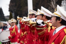 Misawa City Brass Band musicians perform a song during the annual Misawa City Fire Department New Year ceremony at Misawa City, Japan, Jan. 20, 2019. Approximately 20 members played songs as fire department teams paraded around the block. After the parade, an official ceremony occurred to wish the city and Misawa Air Base’s Fire Department a safe year. (U.S. Air Force photo by Senior Airman Sadie Colbert)
