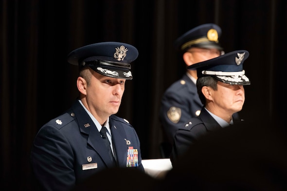 U.S. Air Force Lt. Col. David Dammeier, the 35th Civil Engineer Squadron commander, listens to a speech during the annual Misawa City Fire Department New Year ceremony at Misawa City, Japan, Jan. 20, 2019. Dammeier thanked the Misawa City communities for their continued support and wished the more than 300 firefighters and volunteers a safe year. (U.S. Air Force photo by Senior Airman Sadie Colbert)