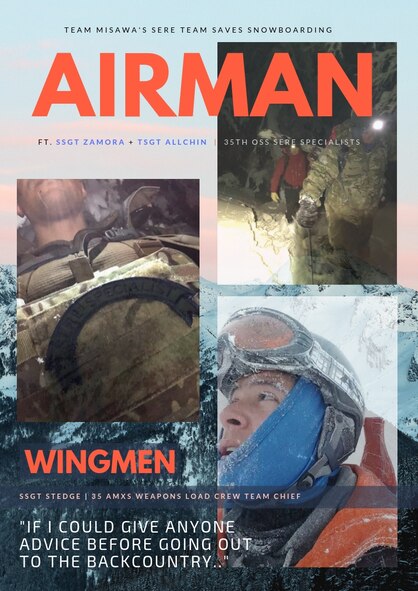 U.S. Air Force Tech. Sgt. Jason Allchin, a survival, evasion, resistance and escape specialist, and Staff Sgt. Kevin Zamora, the NCOIC of SERE operations and training, both with the 35th Operations Support Squadron rescued Staff Sgt. Matthew Stedge, a 35th Maintenance Squadron weapons load crew team chief, Dec. 30, 2018, on Hakkoda Mountain located in Northern Japan. The SERE team displayed true wingmanship by utilizing their expertise during a four-day weekend ensuring Stedge returned home safely to welcome the New Year. (U.S. Air Force illustration by Airman 1st Class Genesis Tejada)