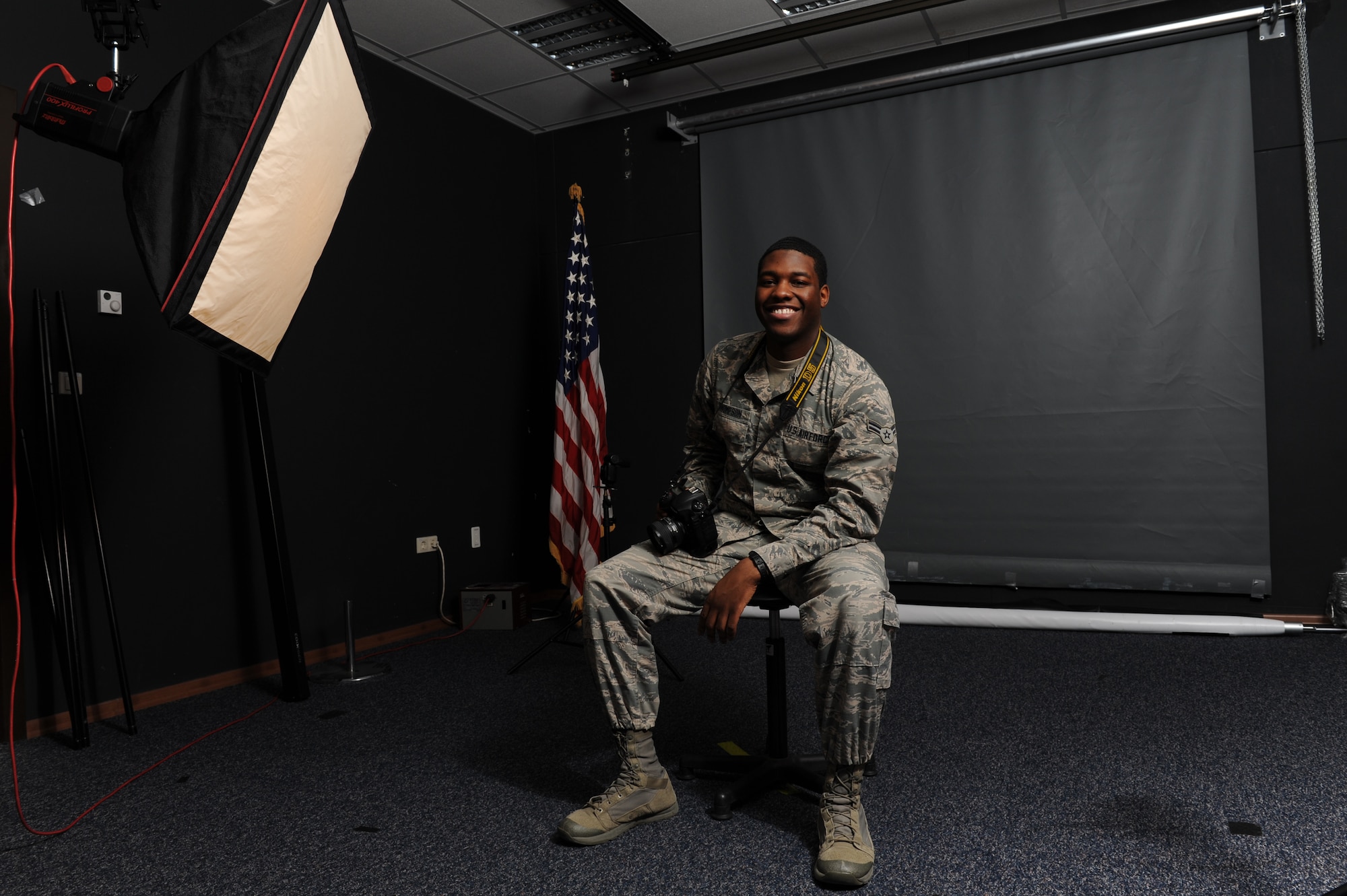 Airman 1st Class Octavius Thompson, 39th Air Base Wing photojournalist, poses for a photo at Incirlik Air Base Turkey, Jan. 17, 2019. Thompson appreciated the opportunities his first assignment afforded him and the teammates who helped him grow as an Airman. (U.S. Air Force photo by Senior Airman Kirby Turbak)