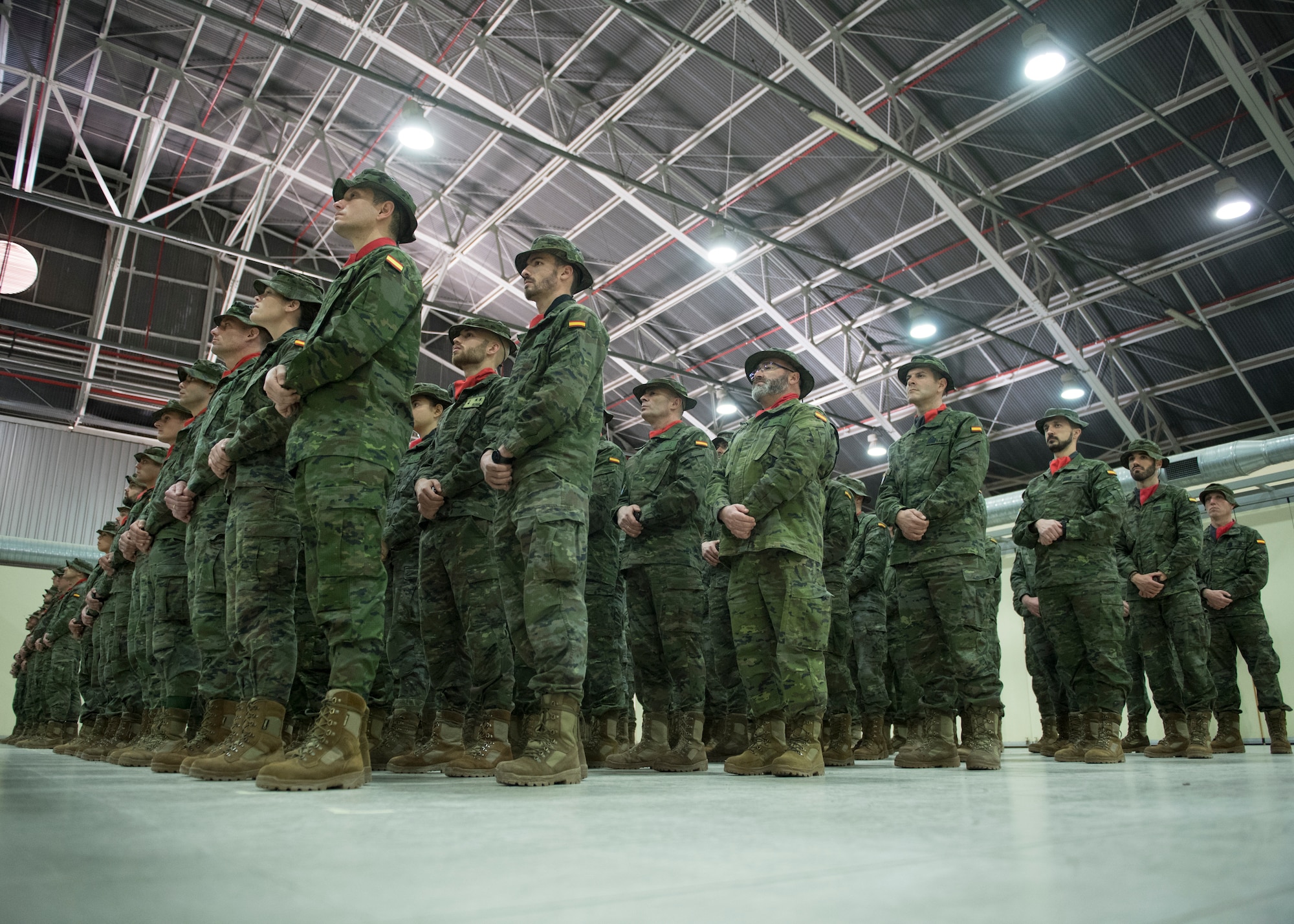 Members from the Spanish Patriot Unit stand in formation during their unit’s change of command ceremony, at Incirlik Air Base, Turkey, Jan. 16, 2019.