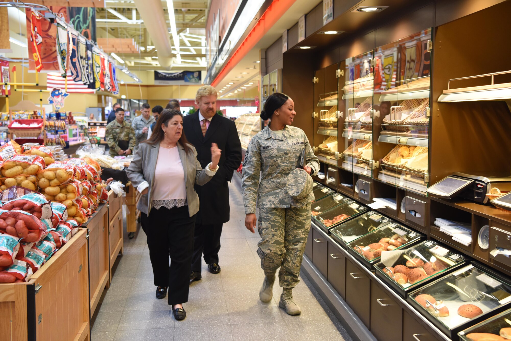 Defense Commissary agency staff give Chief Master Sergeant Diena Mosely, 30th Space Wing command chief, a tour of the commissary on Ramstein Air Base, Germany, Jan. 15, 2019.  During, the tour Mosely learned about the logistics of getting the food from U.S. to Germany.
