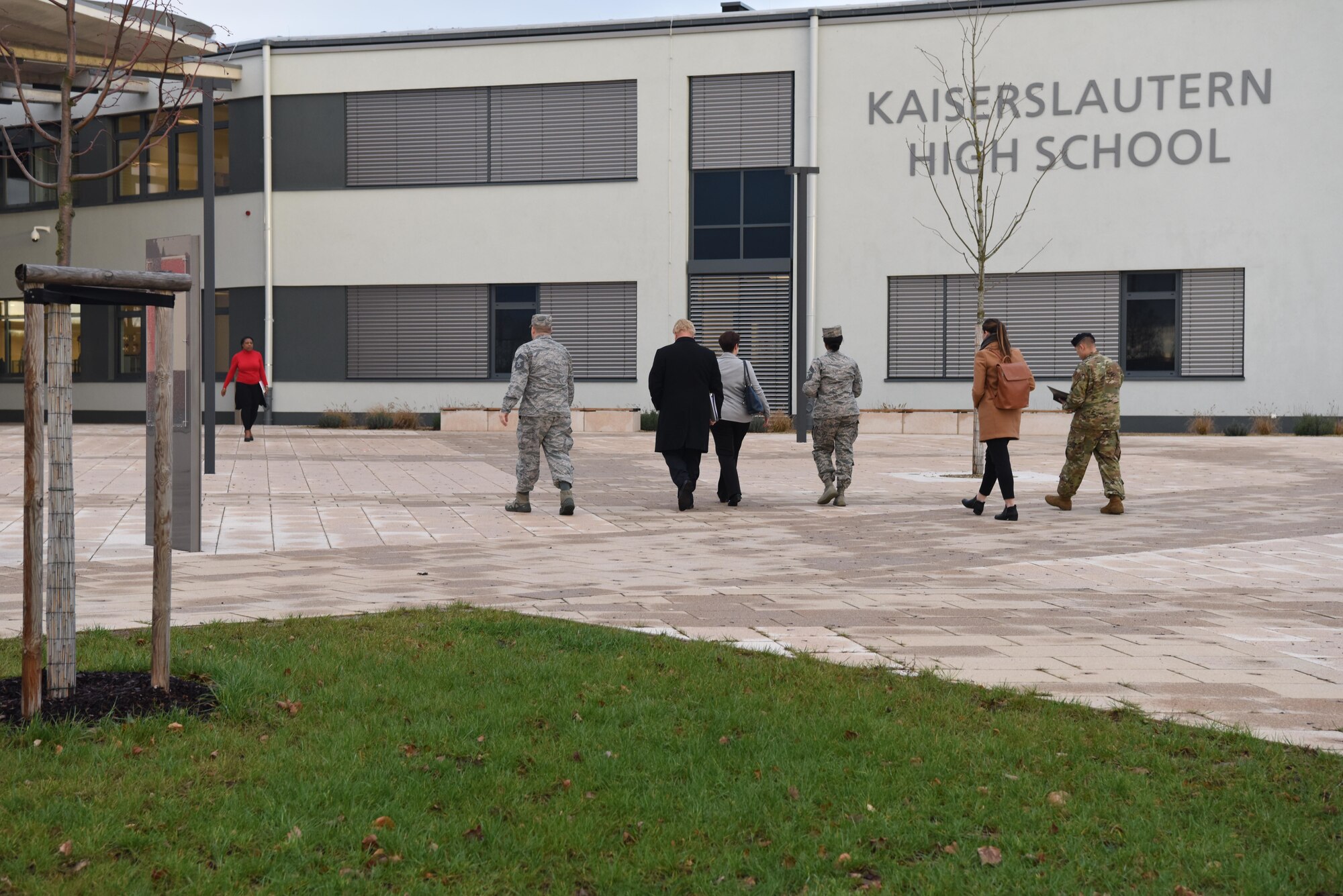 Distinguished visitors tour the Kaiserslautern High school on Kapaun Air Station, Germany, Jan. 15, 2019. Mosely was shown the innovated classroom concepts called “neighborhoods” and the high tech 21st century approach the teachers take with the students.