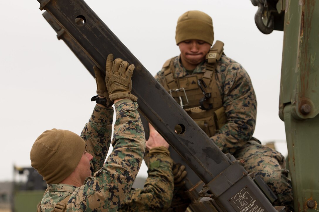 Bridge Company, 8th Engineer Support Battalion, 2nd Marine Logistics Group, reset a Medium Tactical Vehicle Replacement to load gear on Landing Zone Blue Bird during Bridge Company Field Exercise 1-19