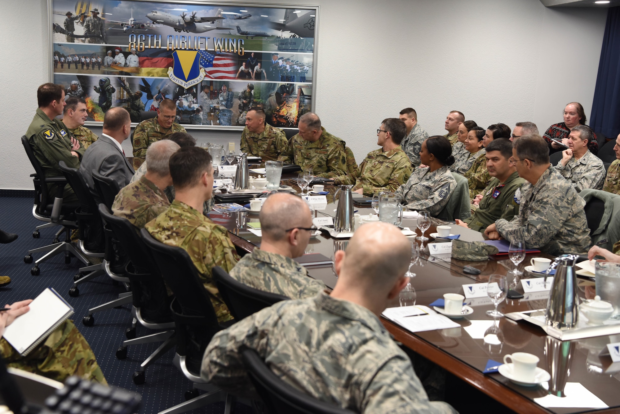 The Commander in Chief Installation Excellence selection board sits with the 86th Airlift Wing command team on Ramstein Air Base, Germany, Jan. 14, 2019. The CINC selection board met with 86th AW and tenant unit leadership, before the inspection to lay out the criteria for the inspection.