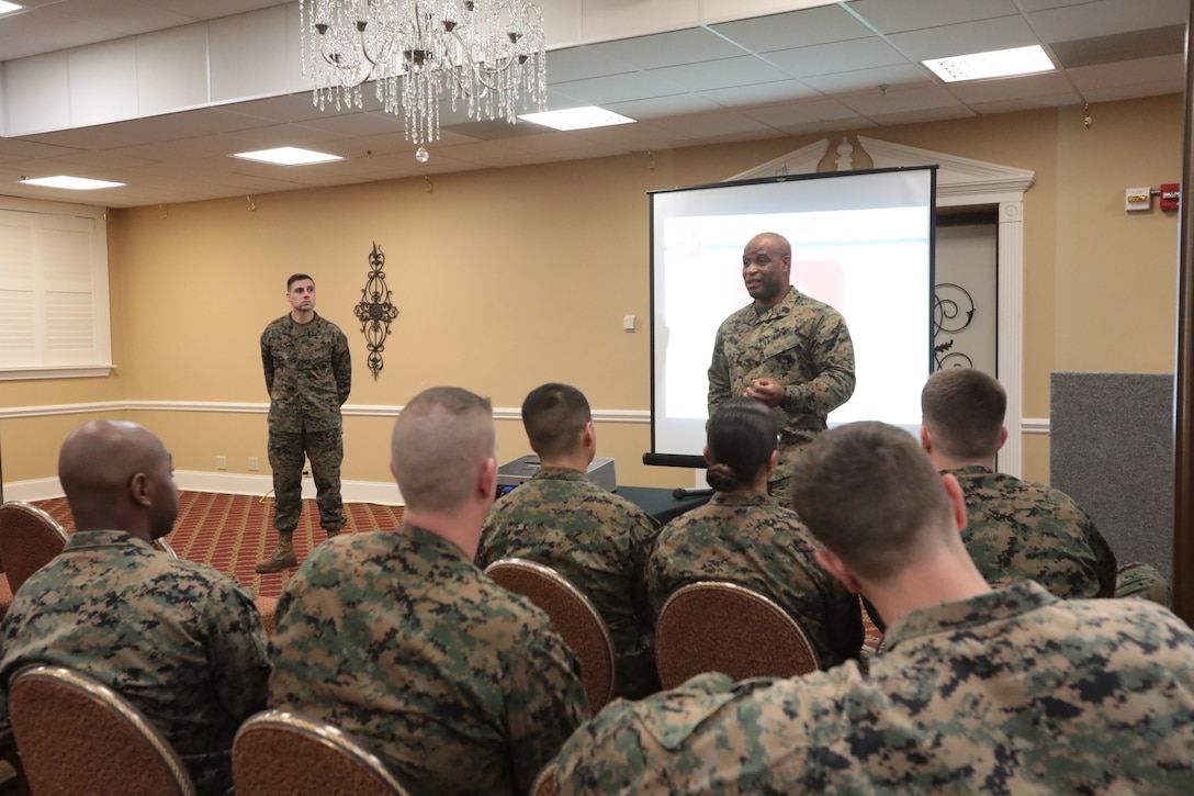 Marine Corps Logistics Base Albany Base Sgt. Maj. Johnny Higdon held a special duty assignment professional military education workshop, Jan. 18. The workshop educates Marines on career opportunities for future progression in the Marine Corps. (U.S. Marine Corps photo by Re-Essa Buckels)