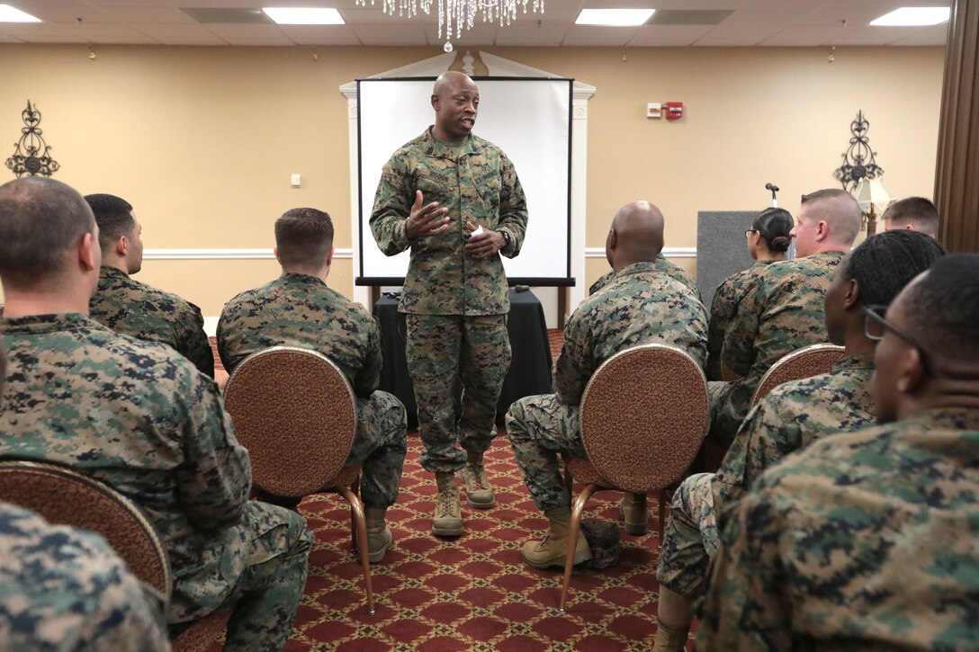 Marine Corps Logistics Base Albany Base Sgt. Maj. Johnny Higdon held a special duty assignment professional military education workshop, Jan. 18. The workshop educates Marines on career opportunities for future progression in the Marine Corps. (U.S. Marine Corps photo by Re-Essa Buckels)