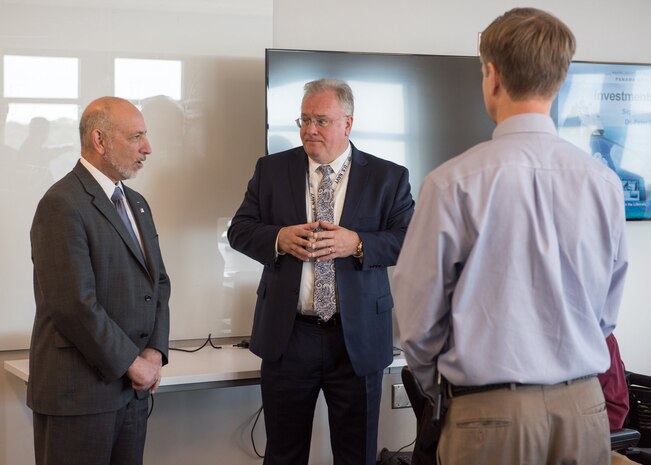 Naval Surface Warfare Center Panama City Division (NSWC PCD) proudly welcomed Deputy Director, Expeditionary Warfare (OPNAV N95B) Dr. Frank DiGiovanni (SES) to tour NSWC PCD facilities and learn how NSWC PCD is Expanding the Advantage through mine warfare. Pictured from left to right: Dr. Frank DiGiovanni, NSWC PCD Technical Director Ed Stewart (SES), NSWC PCD Chief Technology Officer Dr. Kerry Commander (SSTM). U.S. Navy photo by Anthony Powers