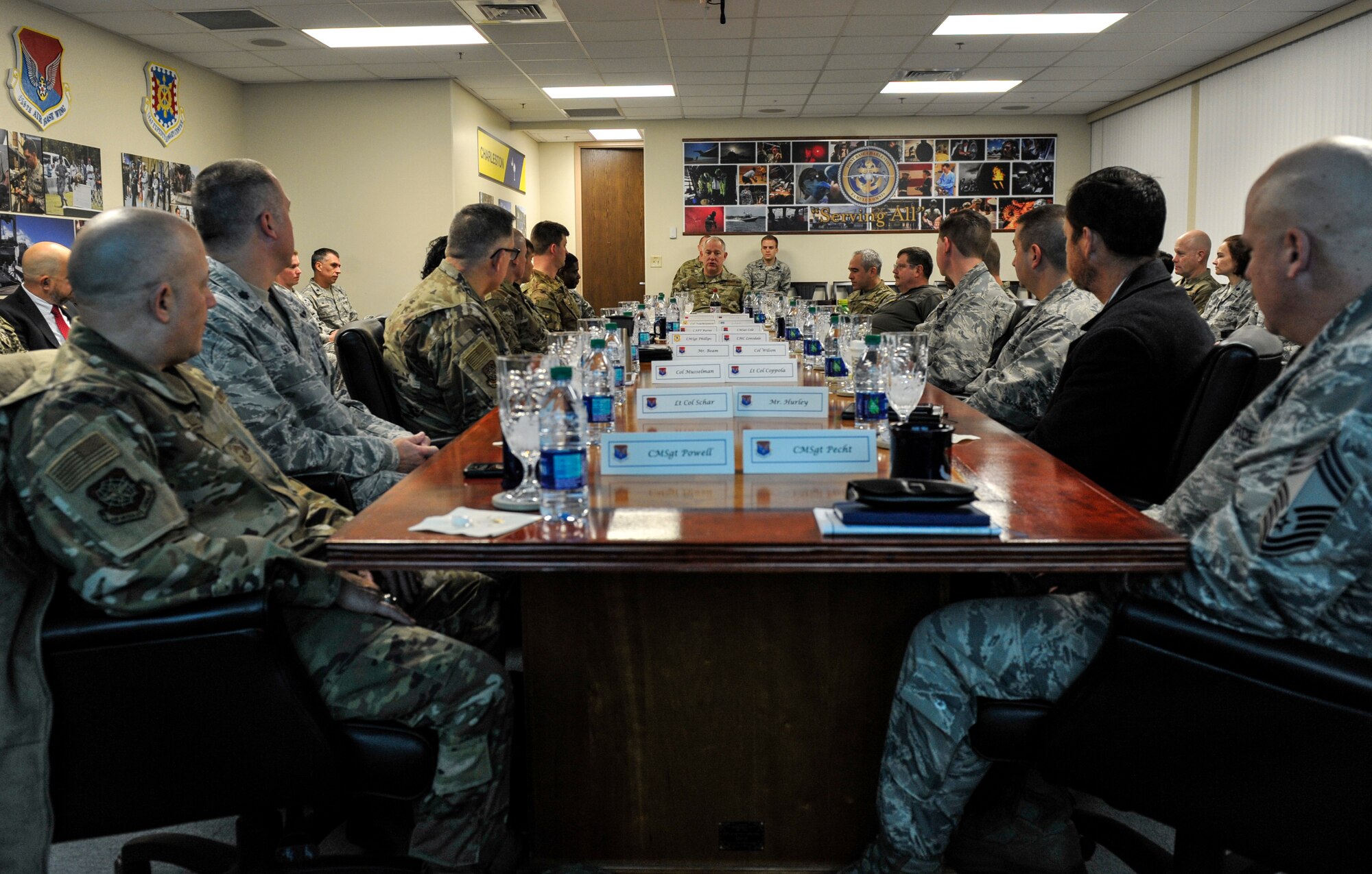 Maj. Gen. John Gordy, U.S. Air Force Expeditionary Center commander, and Chief Master Sgt. Kristopher Berg, USAF EC command chief, sit in on a base mission brief Jan. 17, 2019, at Joint Base Charleston, S.C.