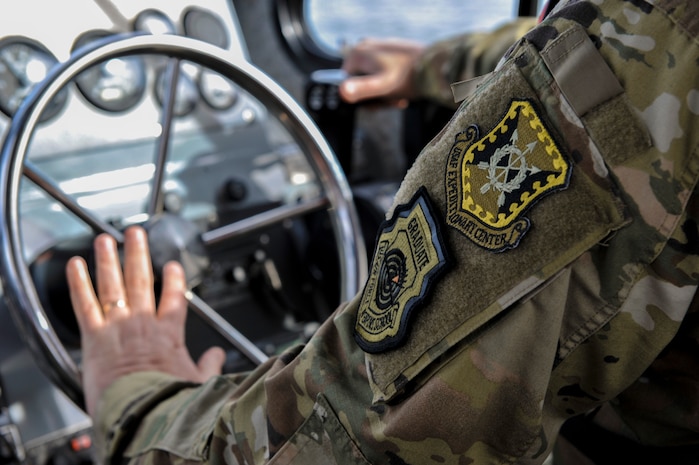 Maj. Gen. John Gordy, U.S. Air Force Expeditionary Center commander, drives a 27-foot SeaArk harbor security patrol boat Jan. 17, 2019, at Joint Base Charleston, S.C.