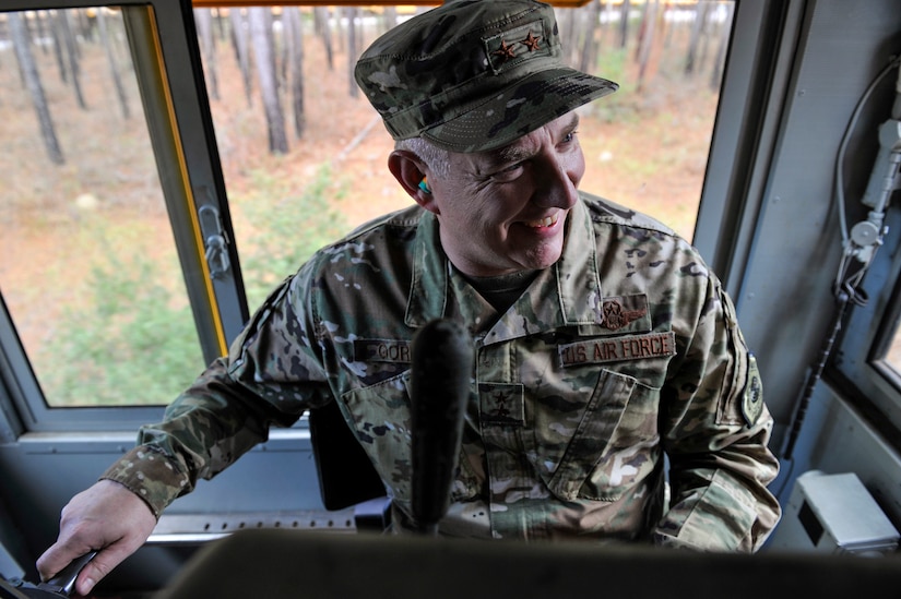 Maj. Gen. John Gordy, U.S. Air Force Expeditionary Center commander, operates a train Jan. 17, 2019, at Joint Base Charleston, S.C.