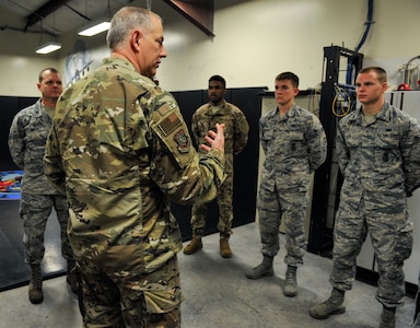Maj. Gen. John Gordy, U.S. Air Force Expeditionary Center commander, wishes 628th Security Forces defenders good luck on their future endeavors as potential Phoenix Ravens during a base tour Jan. 18, 2019, at Joint Base Charleston, S.C.
