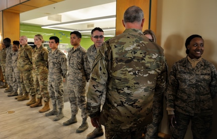 Maj. Gen. John Gordy, U.S. Air Force Expeditionary Center commander, greets Airmen Jan. 18, 2019, at Joint Base Charleston, S.C.