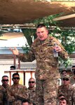 U.S. Army Command Sgt. Maj. Christopher Kepner, the command sergeant major of the National Guard Bureau, speaks to National Guard members deployed to Combined Joint Task Force-Horn of Africa (CJTF-HOA) from the 1-141st Infantry Regiment, Task Force Alamo, Texas National Guard, Jan. 18, 2019, at Camp Lemonnier, Djibouti. Of the nearly 2,000 service members assigned to CJTF-HOA, 43 percent of them are National Guard members.