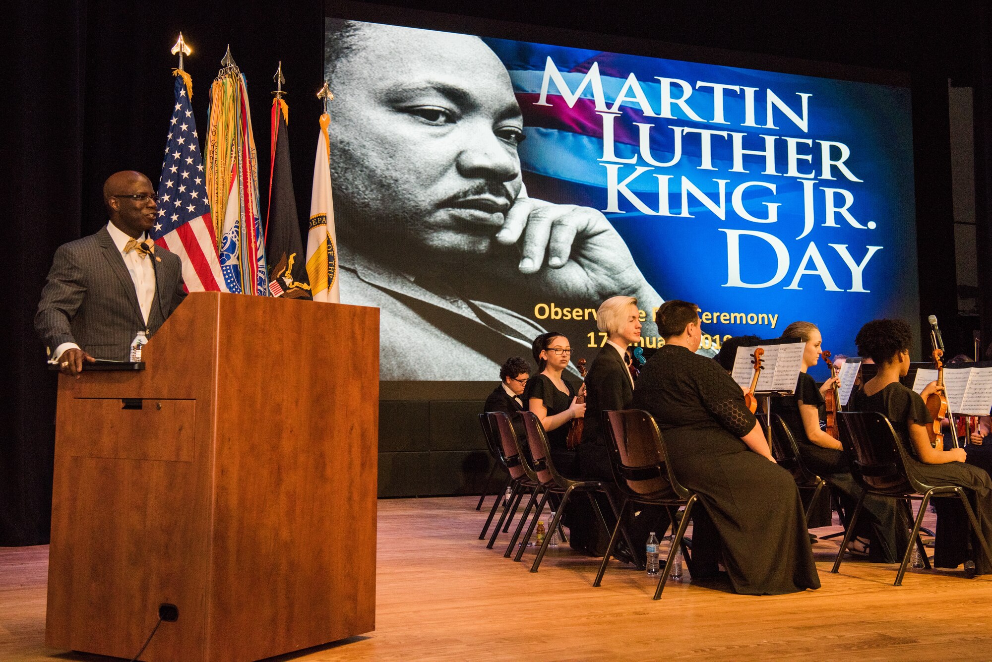 Carlos Hopkins, Virginia Secretary of Veterans and Defense Affairs, speaks at Fort Eustis’ Wylie Theater during a Dr. Martin Luther King, Jr. celebration at Joint Base Langley-Eustis, Virginia, Jan. 17, 2019.