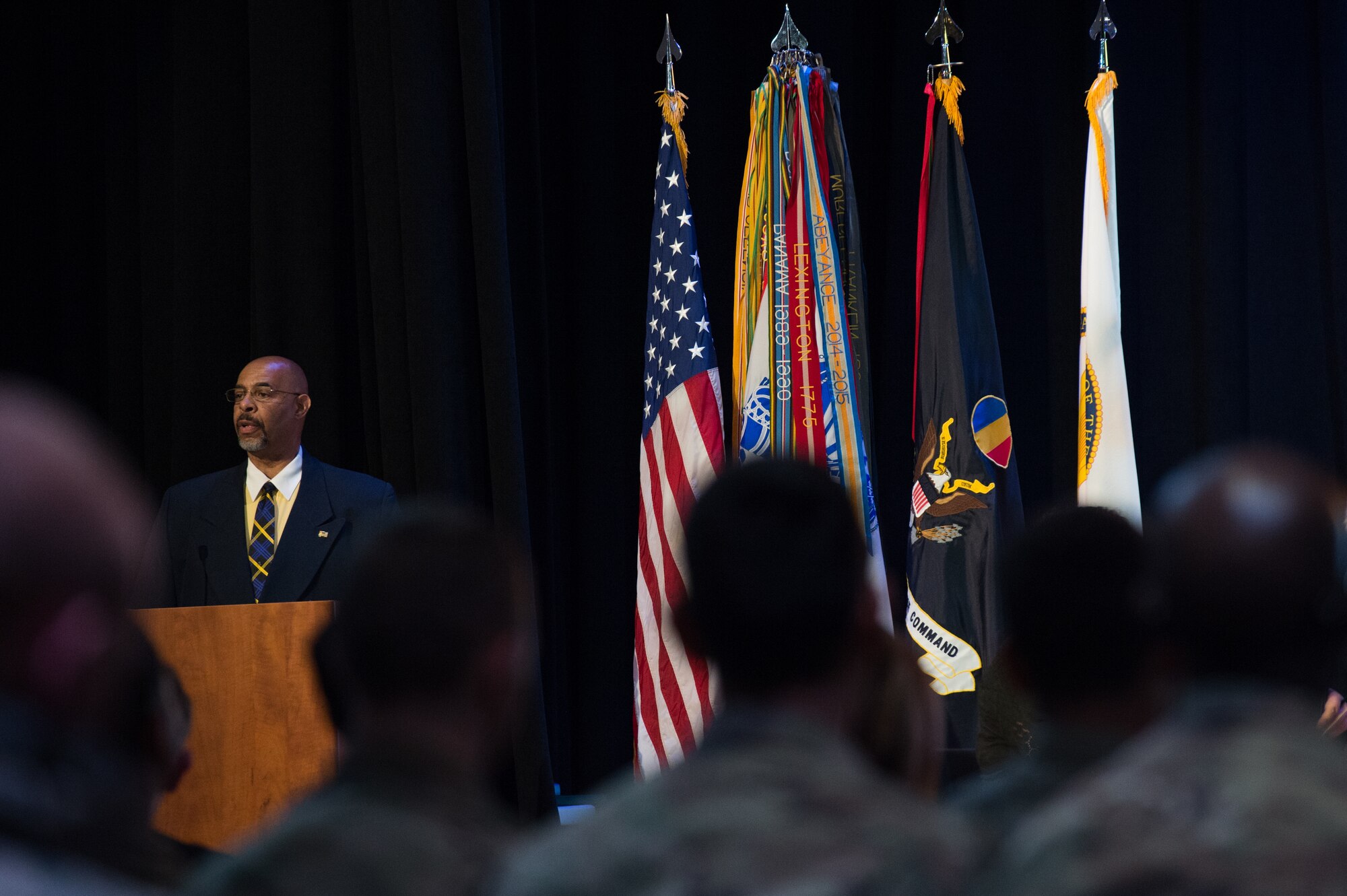 Samuel Watkins, Joint Base Langley-Eustis 2019 Dr. Martin Luther King Jr. Observance Day planning committee member, reflects on past celebrations at Fort Eustis’ Wylie Theater during a Dr. Martin Luther King, Jr. celebration at Joint Base Langley-Eustis, Virginia, Jan. 17, 2019.