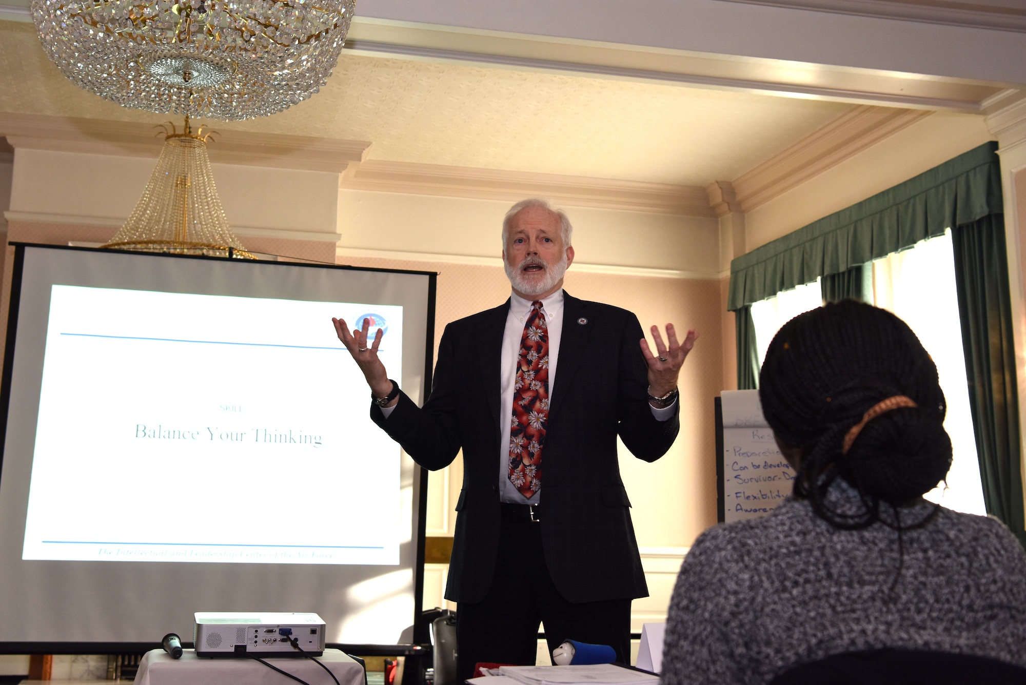 Terry Brazil, Techwerks instructor, discusses the topic of balanced thinking during an U.S. Air Force Master Resilience Training course at RAF Mildenhall, England, Jan. 15, 2019. The course was held with the purpose of increasing resilience awareness and training, inspired by the Air Force initiative to create a culture where members are comfortable seeking and receiving assistance within their communities. (U.S. Air Force photo by Airman 1st Class Brandon Esau)