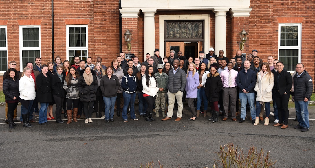 A U.S. Air Force Master Resilience Trainer class poses for a photo at RAF Mildenhall, England, Jan. 18, 2019. Participants from around U.S. Air Forces in Europe Air Forces Africa were taught briefing and presentation skills, how resilience can be applied both at work and home, and how it can enhance mission accomplishment. (U.S. Air Force photo by Airman 1st Class Brandon Esau)