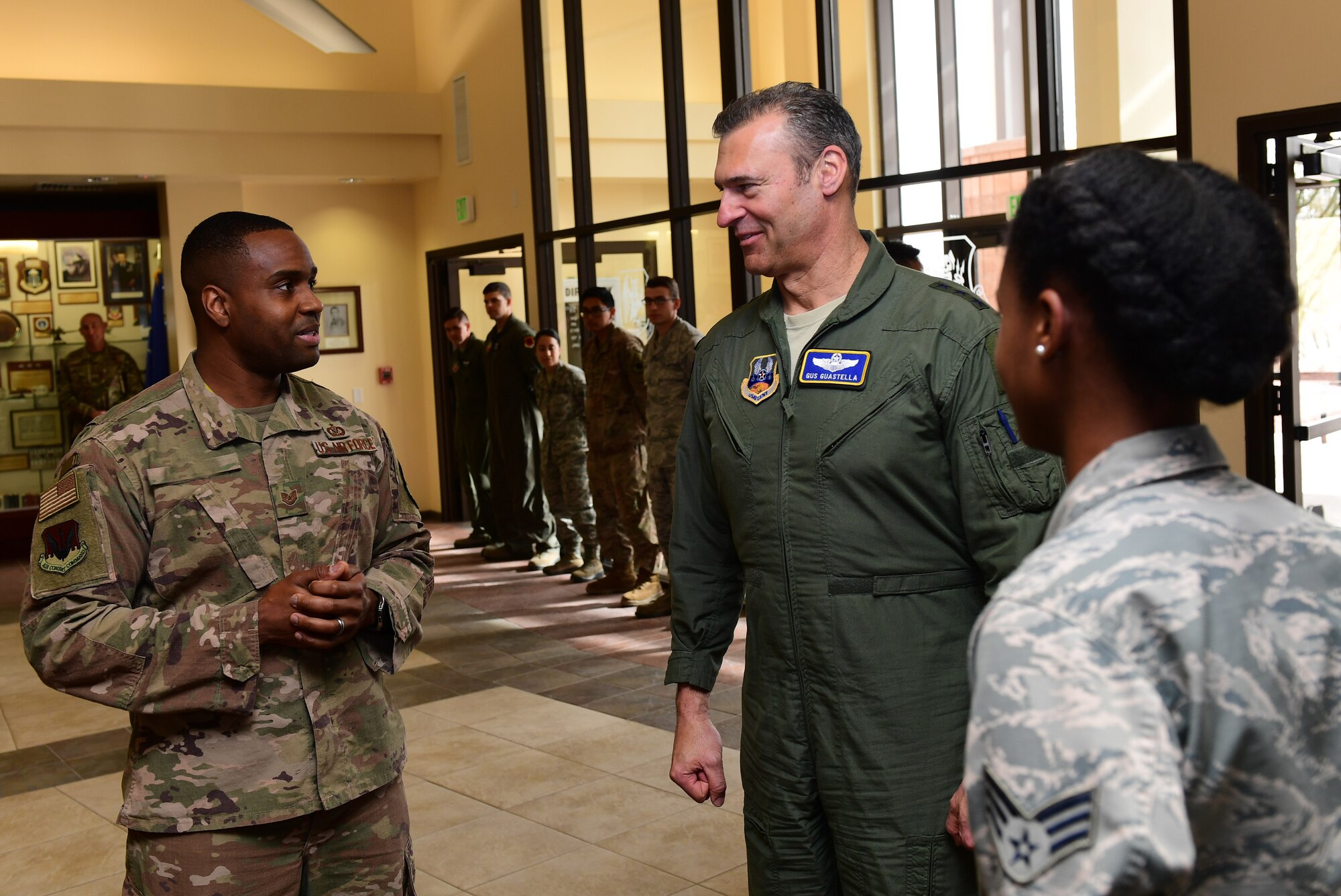 U.S. Air Force Lt. Gen. Joseph Guastella, U.S. Air Forces Central Command commander, speaks with a top performer’s supervisor at Creech Air Force Base, Nevada, Jan. 16, 2019. Guastella coined several 432nd Wing/432nd Expeditionary Wing and 799th Air Base Group outstanding Airmen who deliver persistent attack and reconnaissance against the nation’s enemies. (U.S. Air Force photo by Senior Airman Christian Clausen)