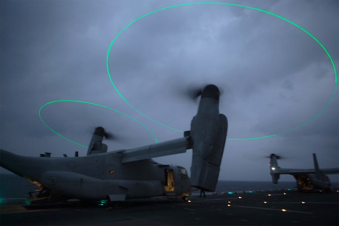 A Marine Corps MV-22B Osprey prepares for takeoff.