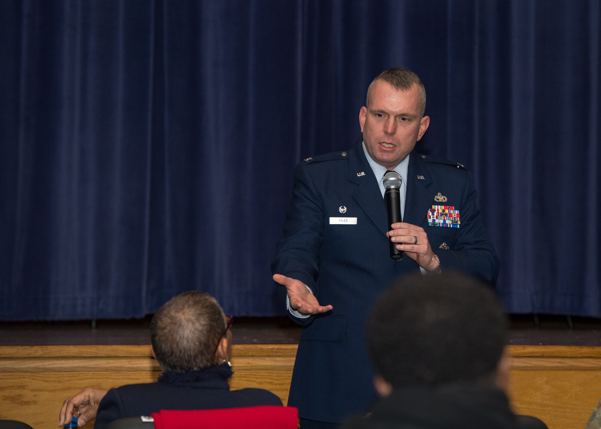 U.S. Air Force Col. Sean Tyler, 633rd Air Base Wing commander, gives closing remarks during a Dr. Martin Luther King Jr. celebration at Joint Base Langley-Eustis, Virginia, Jan. 18, 2019.
