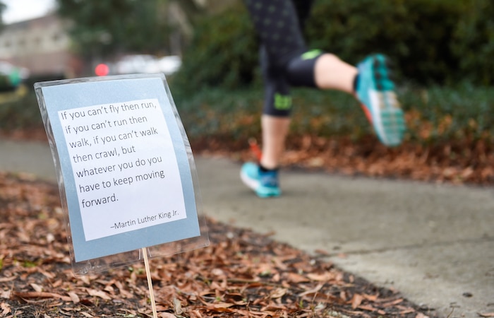 An Airman runs along a path during the annual Martin Luther King Jr. 5k run Jan. 18, 2019, at Joint Base Charleston, S.C.