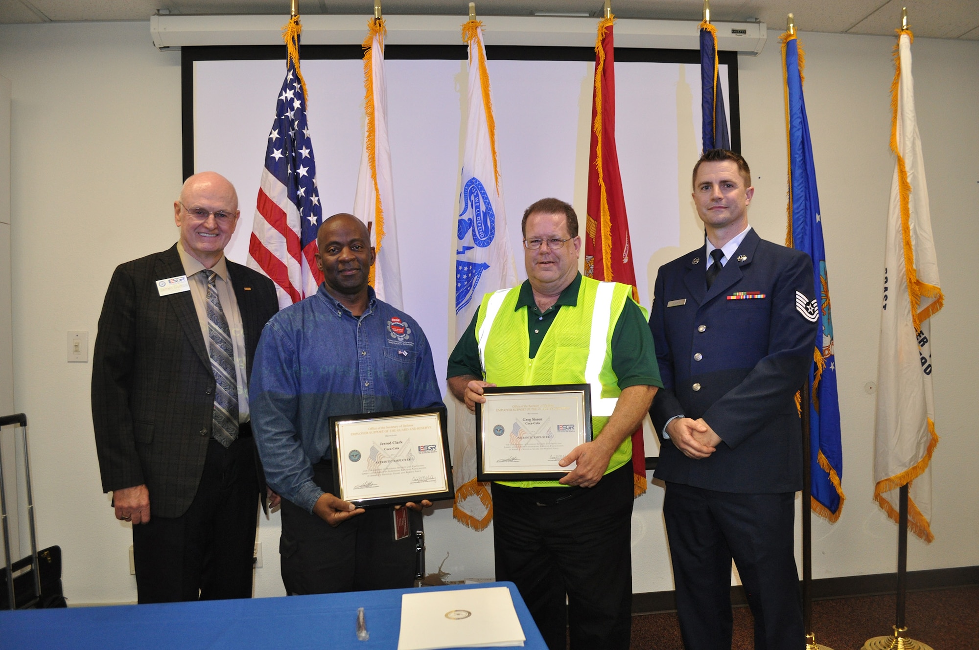 On Jan. 17, 2019, two supervisors of the Coca-Cola Company in American Canyon were honored with a Patriot award, submitted by their reservist employee, Tech. Sgt. Michael J. Simas, who is assigned to the 55th Aerial Port Squadron.